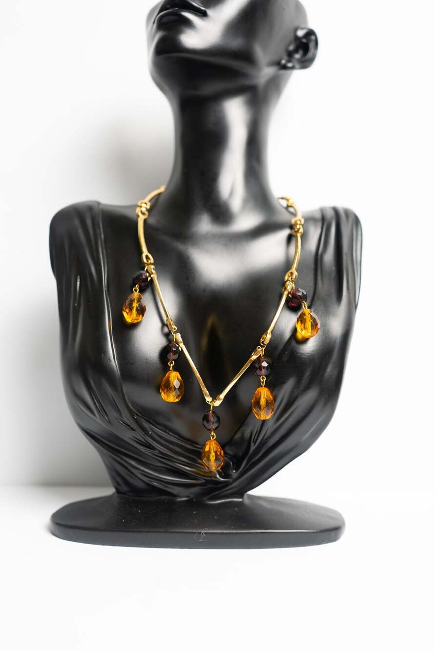 vtg Sarah Coventry Gold Tone Amber Topad Crystal Fringe Drop Necklace 16" 43g